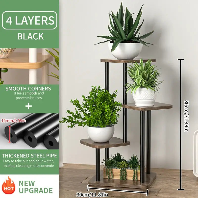 Black metal plant stand with four wooden tiers wooden plant stand shelf for displaying flower pots by decorbites
