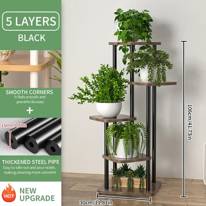 Black DecorBites wooden plant stand with five shelves made of wooden boards and thickened steel pipes for display
