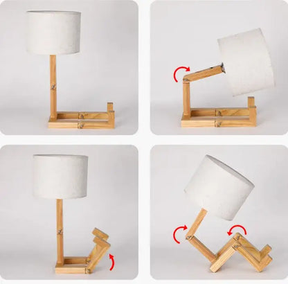 Adjustable wooden robot shape table lamp with white fabric shade for indoor study and reading by decorbites