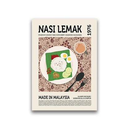 Decorbites™ world cuisine canvas print featuring vibrant nasi lemak on green banana leaf for home decor