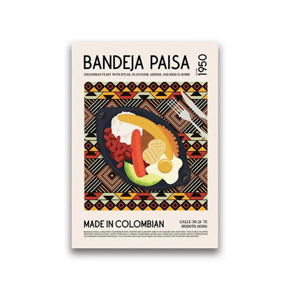 Stylized canvas painting of colombian bandeja paisa in a black skillet on an earthy patterned background world cuisine canvas