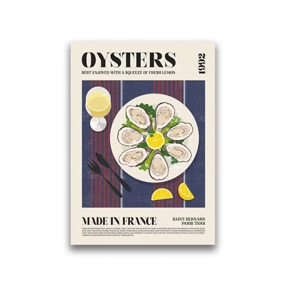 Vintage-style canvas painting of oysters with lemon garnish on white plate against navy blue stripes for world cuisine decor