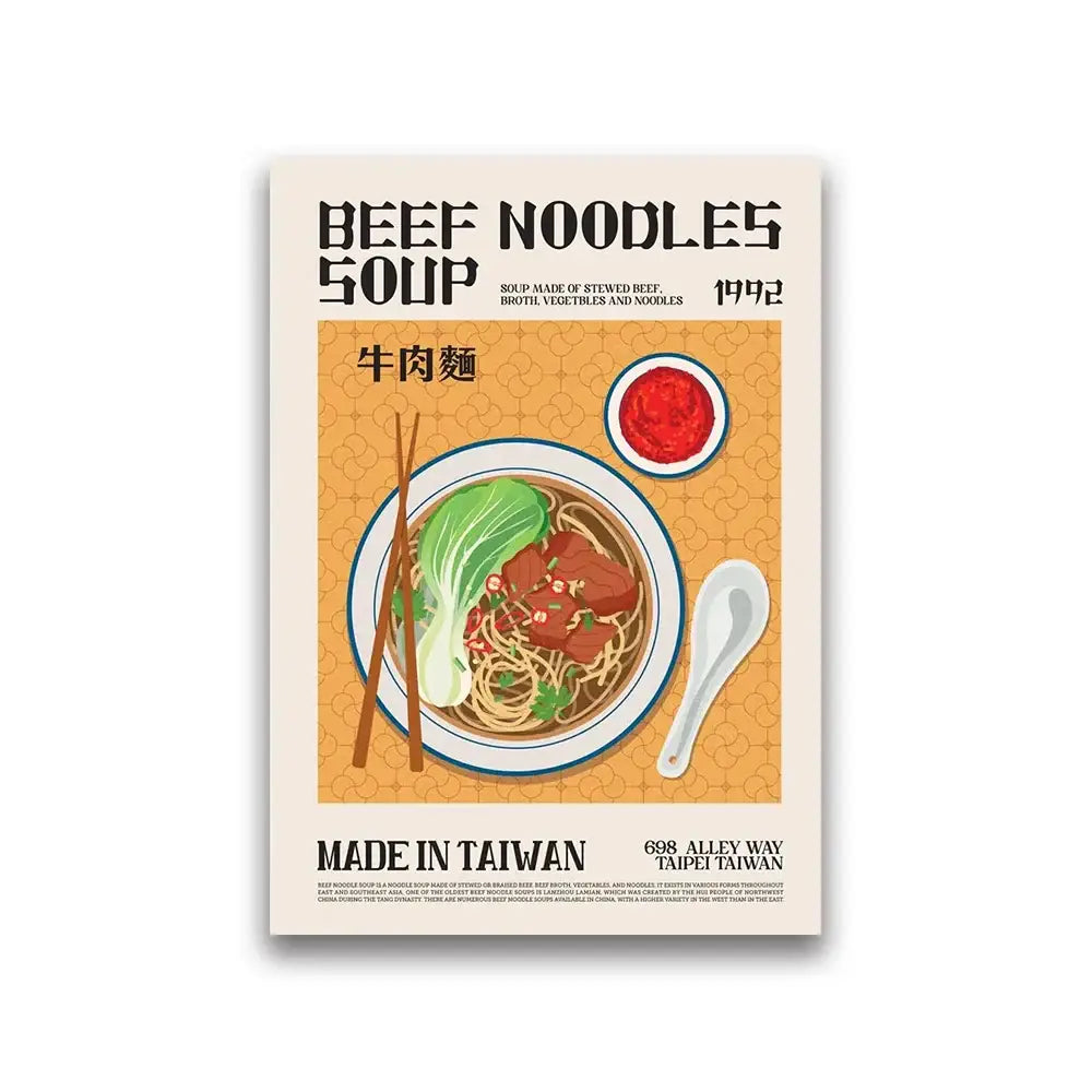 Decorbites™ world cuisine canvas wall art featuring vintage beef noodles soup illustration with chopsticks and red sauce dish