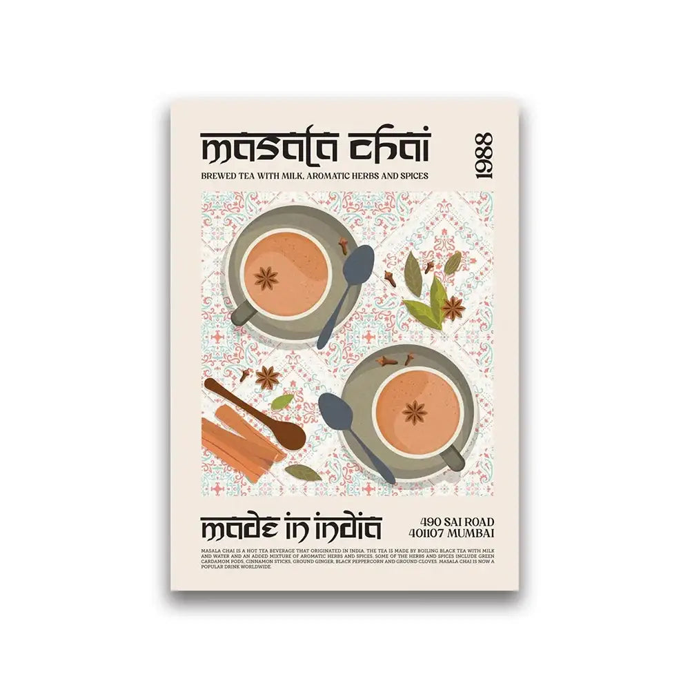 Beige decorbites™ world cuisine canvas wall art featuring illustrated masala chai cups with spices on a patterned background