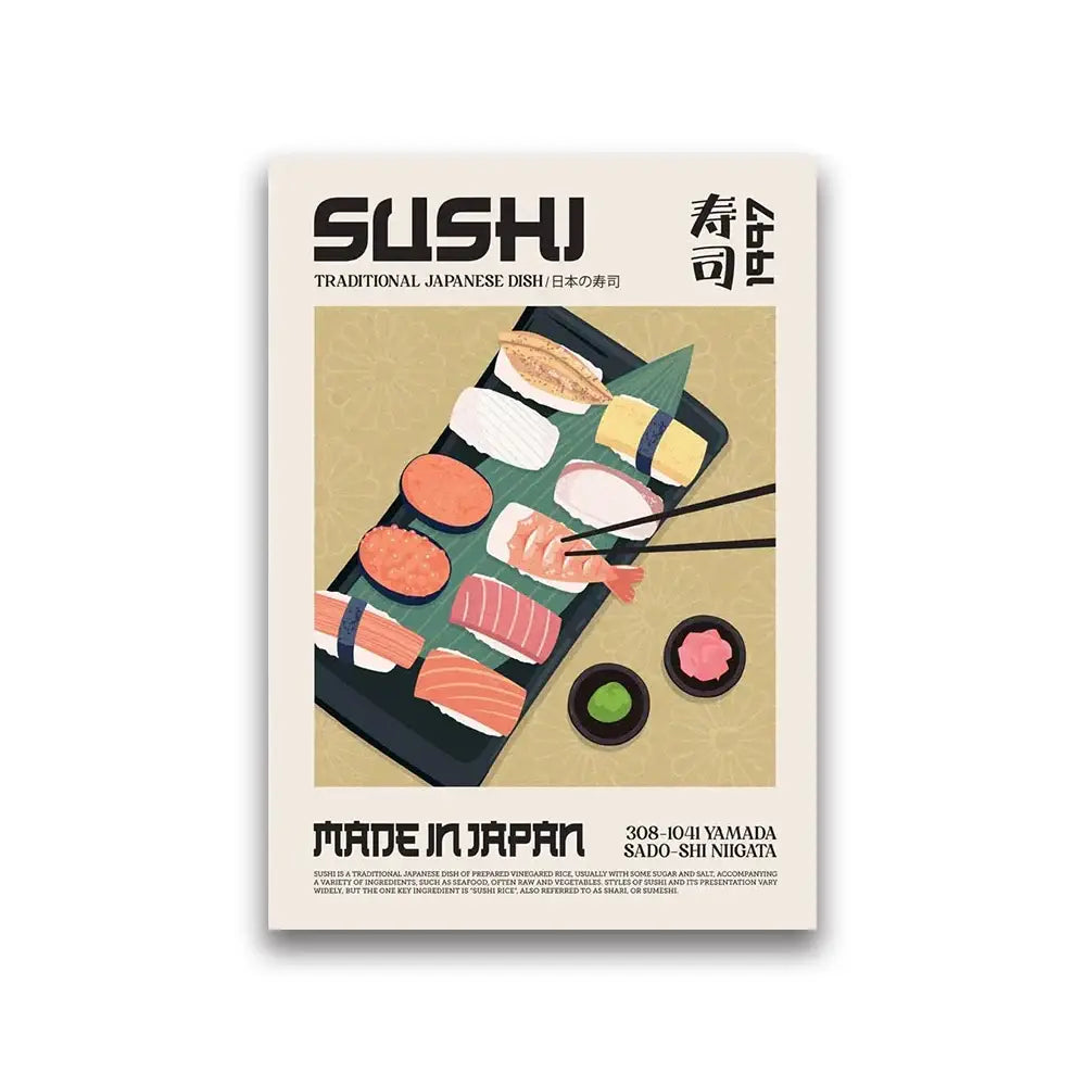 Decorbites™ world cuisine canvas wall art featuring minimalist sushi-themed black tray with nigiri and maki rolls