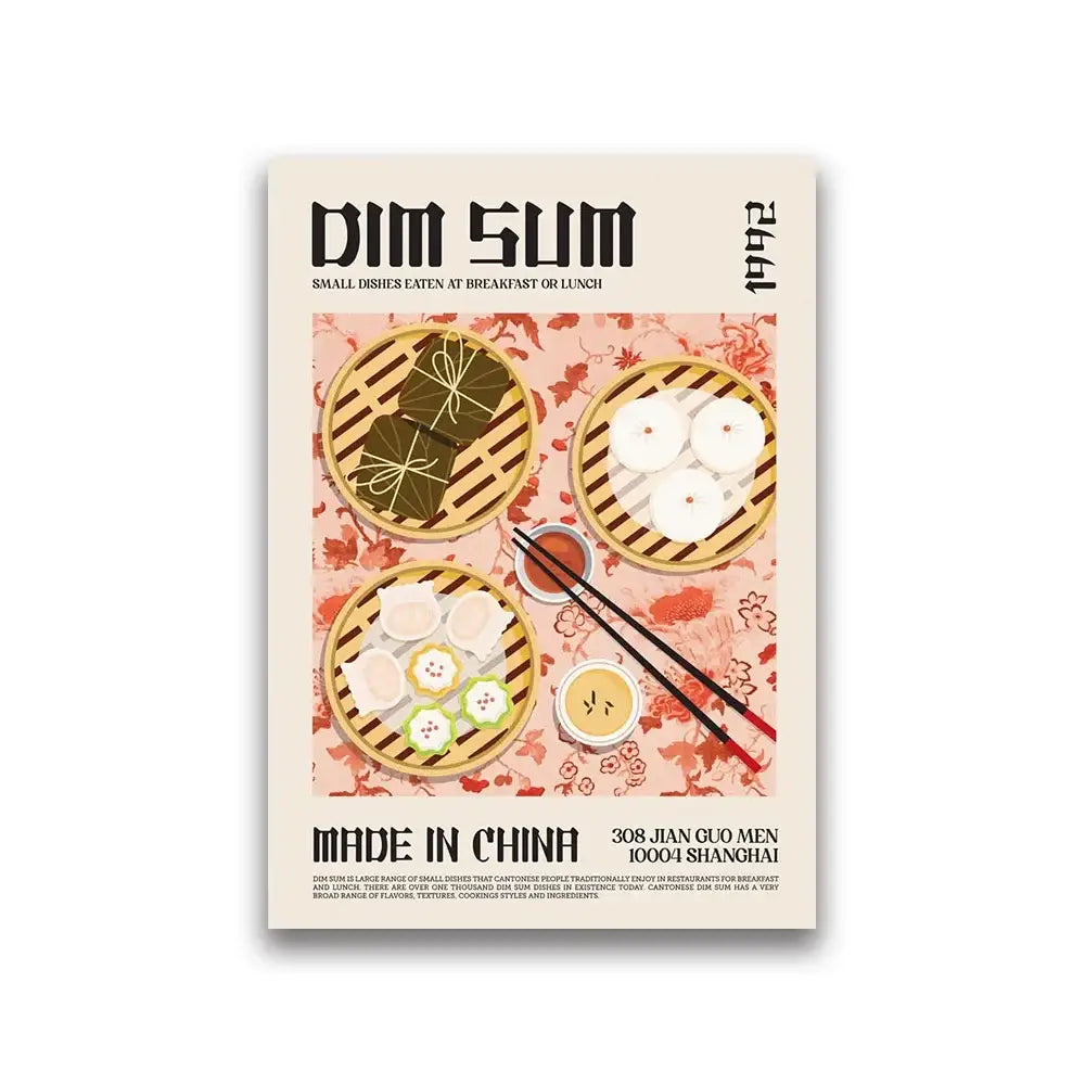 Decorbites™ world cuisine canvas wall art featuring illustrated dim sum dishes in bamboo steamers with chopsticks and sauces