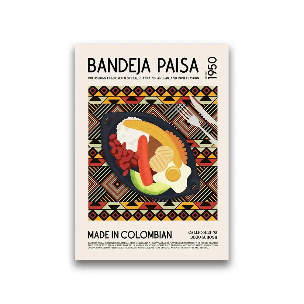 Decorbites™ world cuisine canvas wall art featuring a black skillet with colorful colombian bandeja paisa ingredients