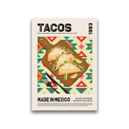 Vibrant geometric-patterned world cuisine canvas painting featuring three illustrated tacos on a wooden cutting board