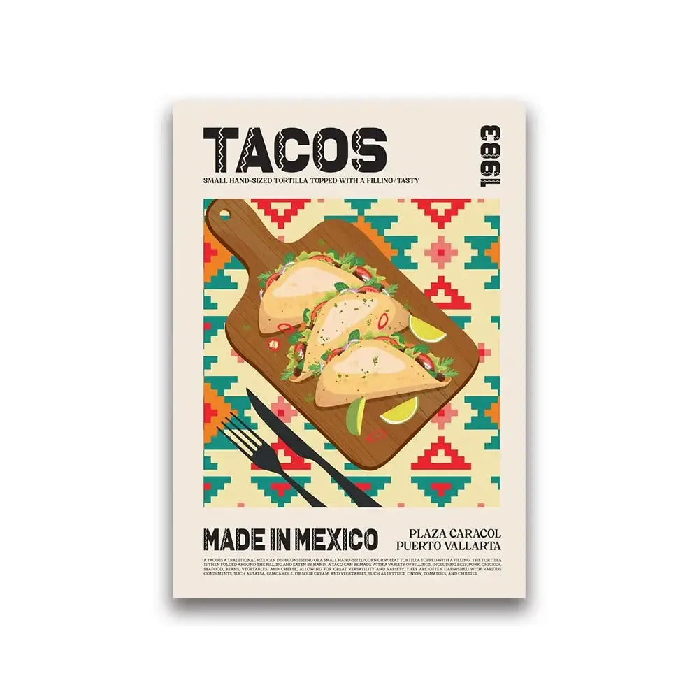 Vibrant geometric-patterned canvas painting featuring three illustrated tacos on a wooden board for world cuisine decor