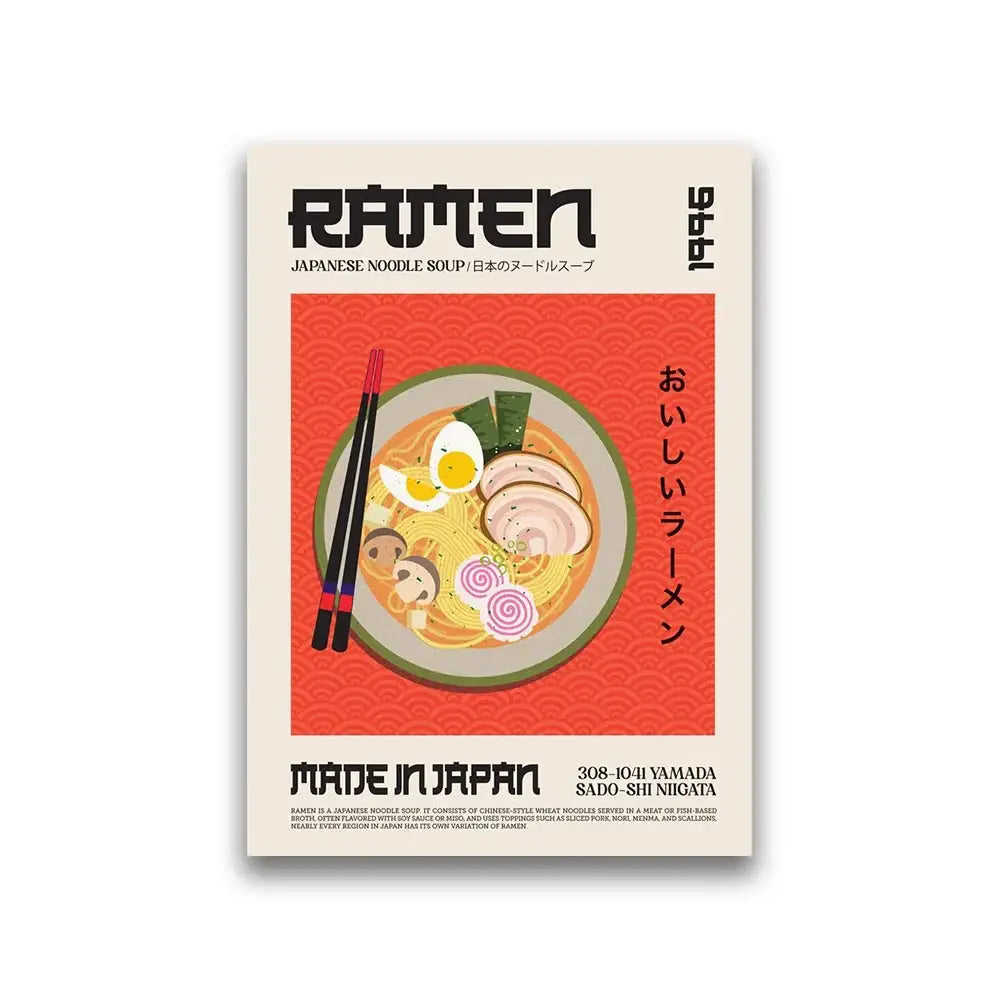 Decorbites™ world cuisine canvas wall art featuring a vibrant red and cream ramen bowl illustration with noodles and toppings