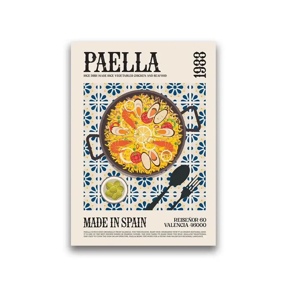 A vibrant stylized paella illustration in a black pan featuring seafood on a decorbites world cuisine canvas wall art