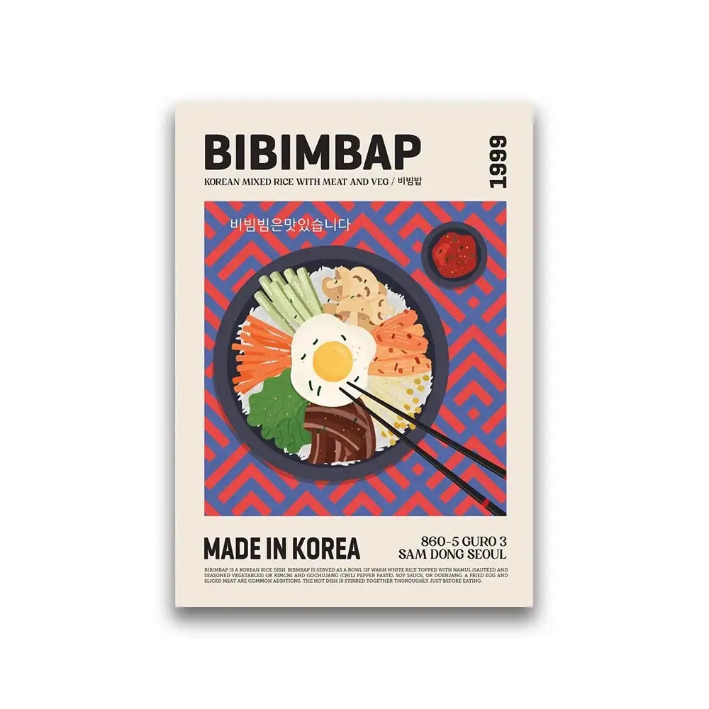DecorBites™ world cuisine canvas wall art featuring a colorful bibimbap illustration with chopsticks resting on bowl