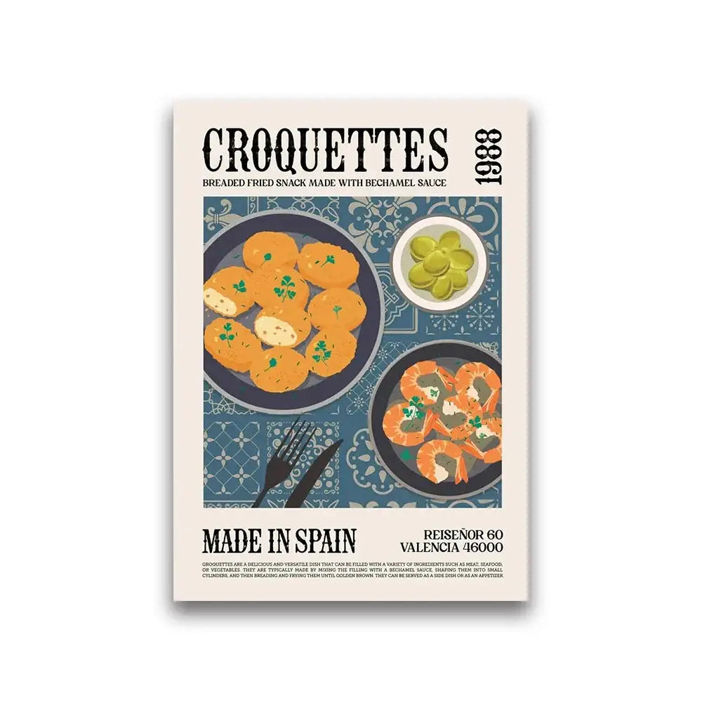 Vintage-style croquettes poster with blue patterned background and made in spain text world cuisine canvas wall art