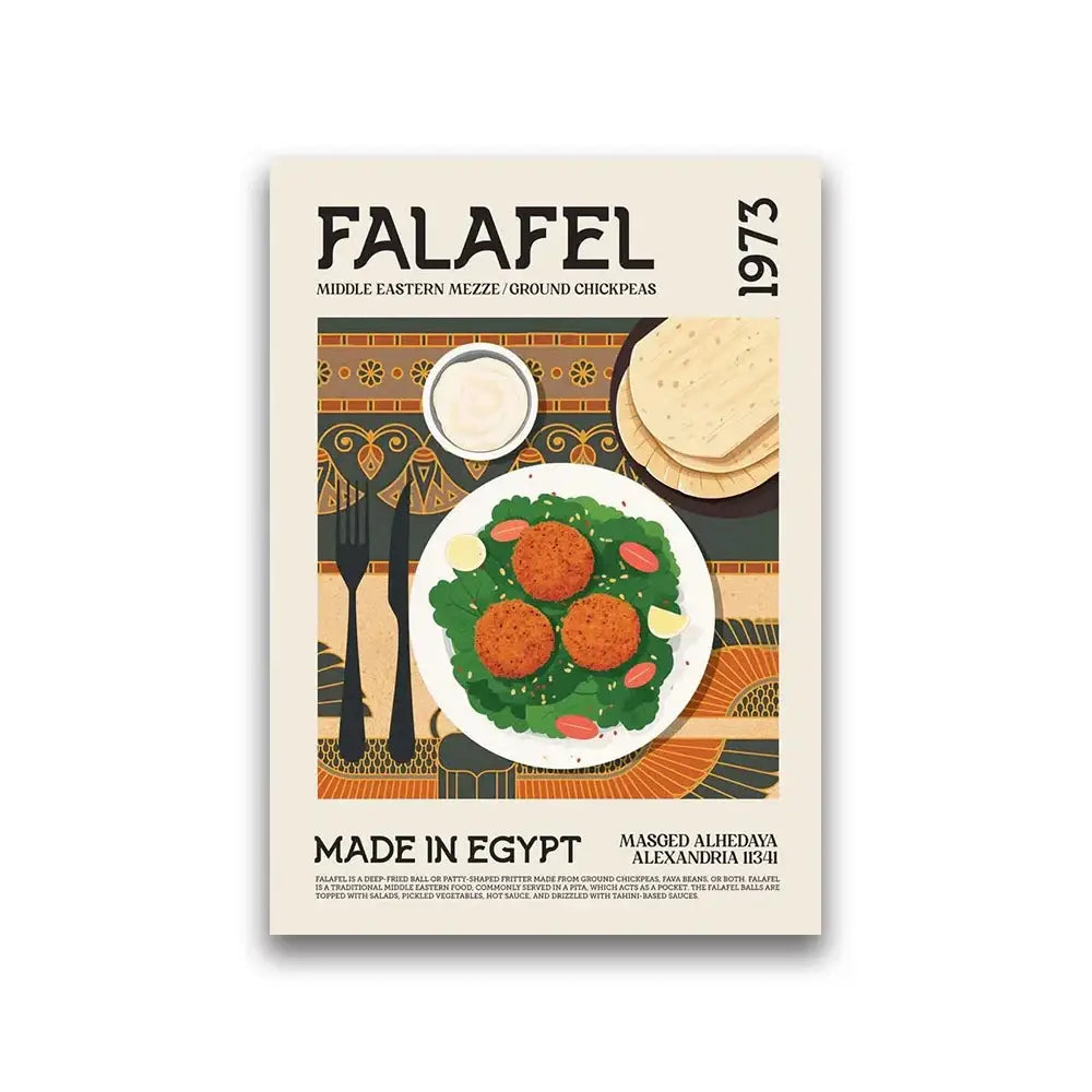 DecorBites™ world cuisine canvas painting of golden falafel balls on green lettuce with tomatoes and sesame seeds