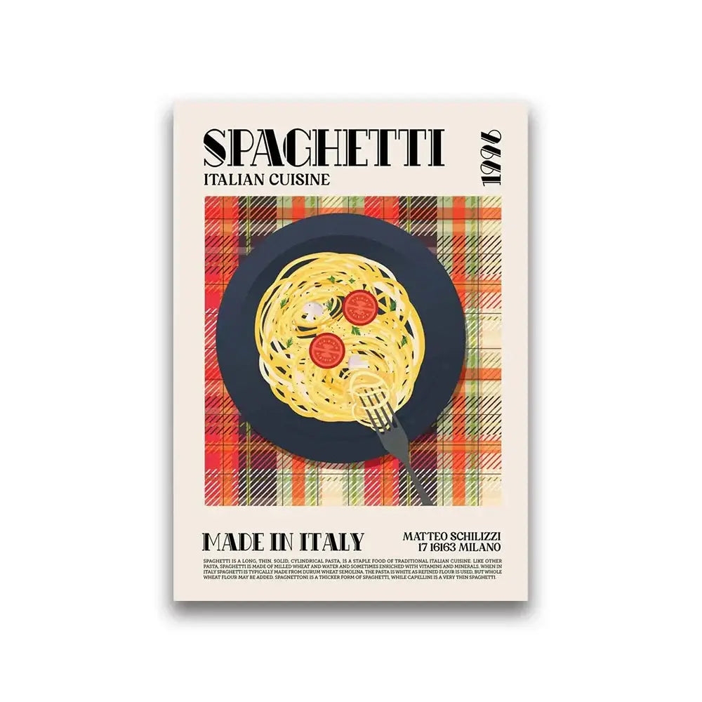 DecorBites™ world cuisine canvas featuring vintage-style spaghetti illustration on dark plate with red plaid background