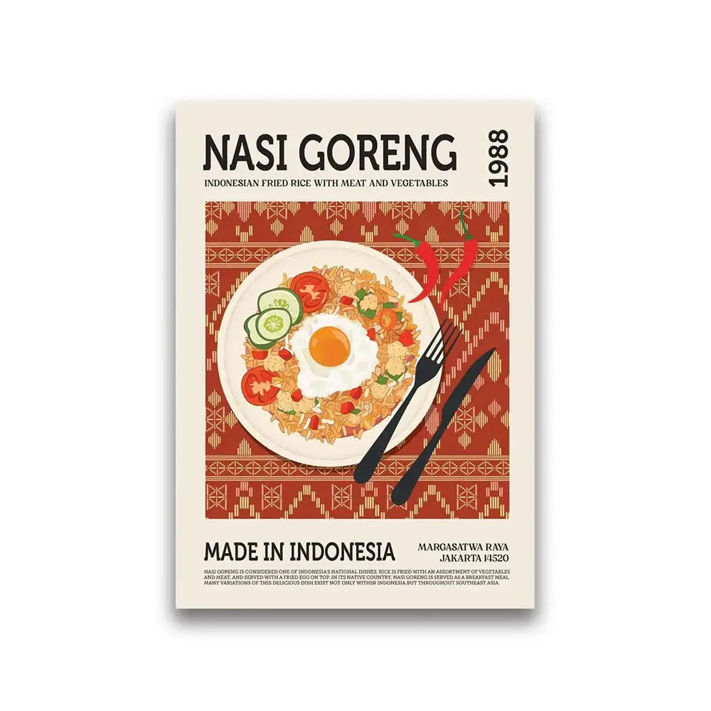 DecorBites™ world cuisine canvas wall art featuring vintage nasi goreng with egg on red ornate patterned background
