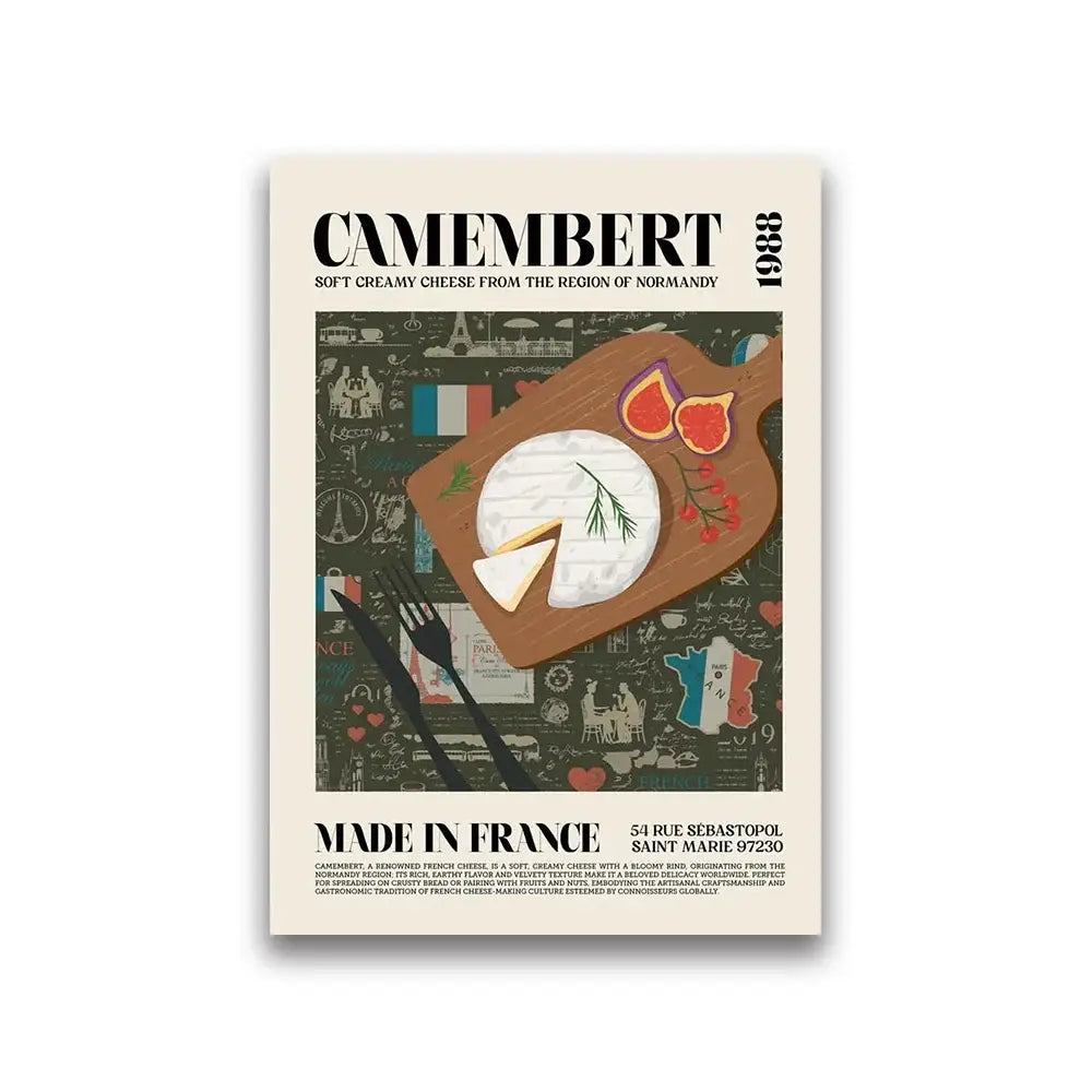 A vintage-style world cuisine canvas painting of a white camembert cheese wheel with rosemary on a wooden board