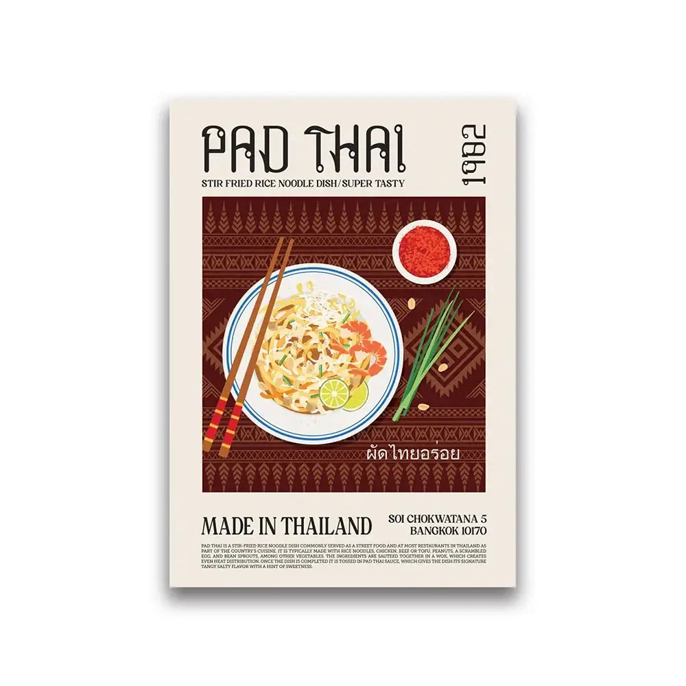 Rectangular decorbites™ world cuisine food canvas print featuring vibrant pad thai illustration with chopsticks and lime slices