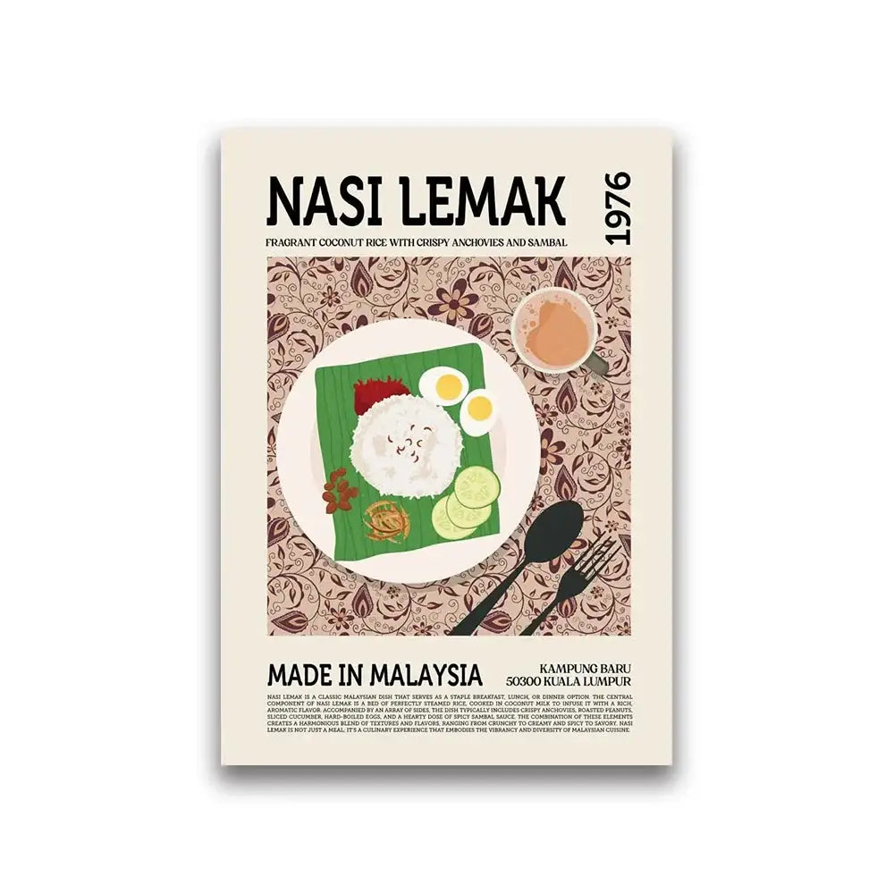DecorBites™ world cuisine food canvas print featuring vibrant nasi lemak on green banana leaf for home decor