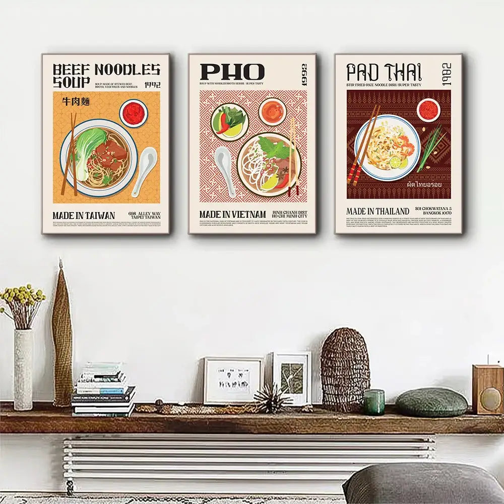Three vintage-style framed food canvas prints featuring beef noodles pho and pad thai with colorful retro illustrations for world cuisine decor