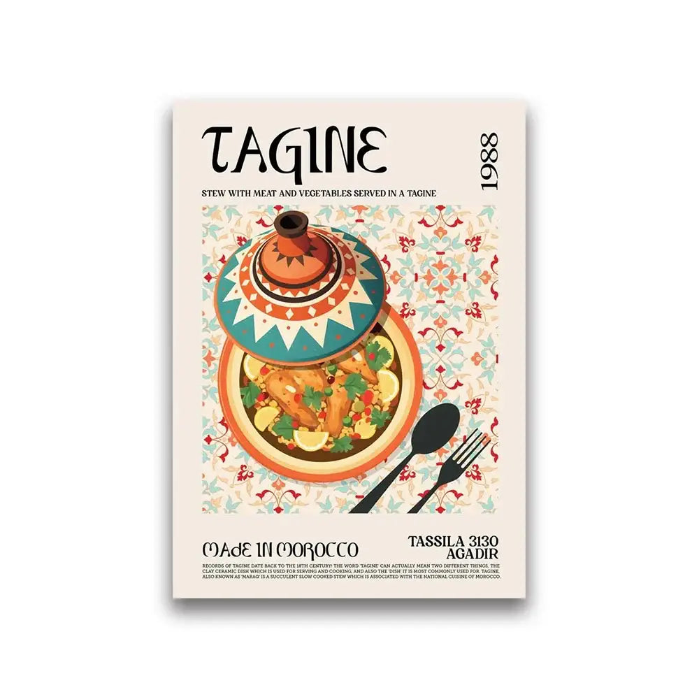 DecorBites™ world cuisine food canvas print featuring a vibrant turquoise and orange patterned ceramic tagine