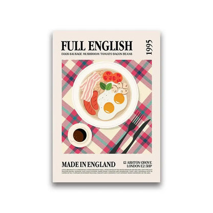 A vintage-style food canvas print of a full English breakfast for world cuisine home decor by DecorBites™