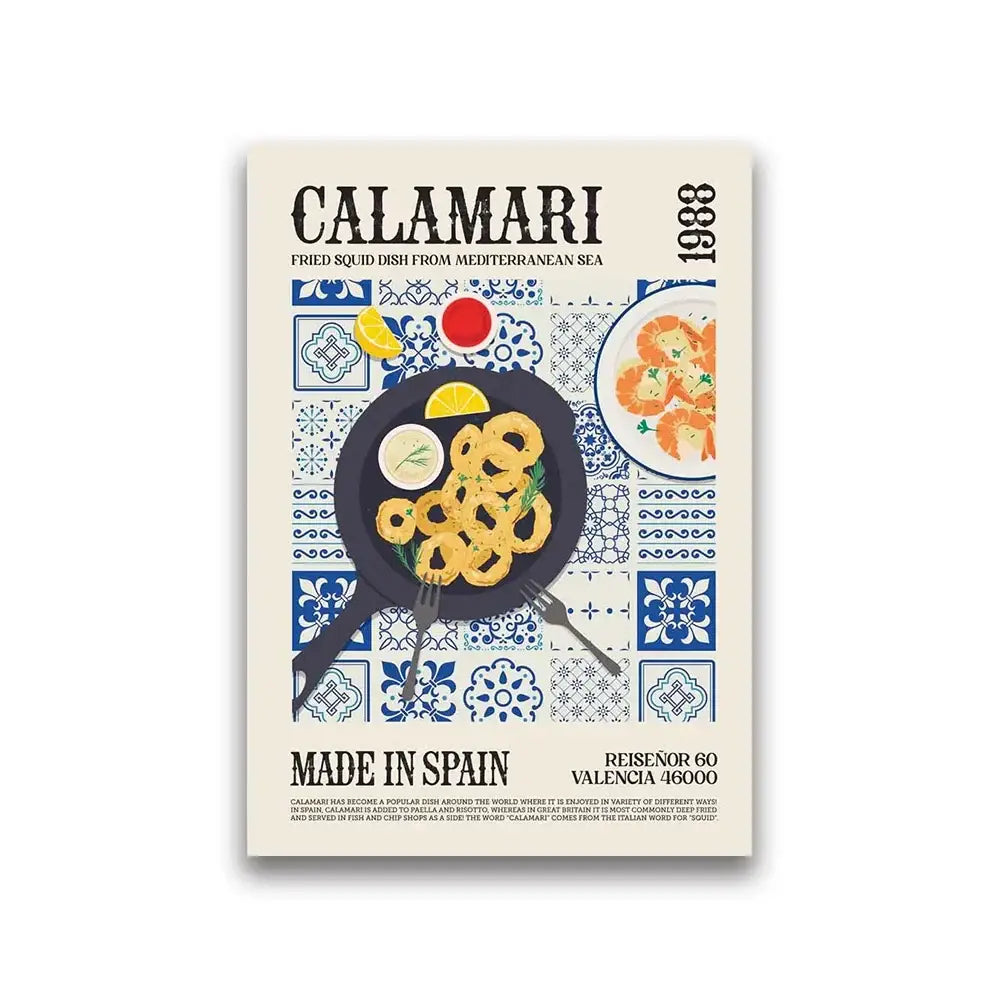 A vintage-style food canvas print by DecorBites featuring golden fried calamari for world cuisine home decor
