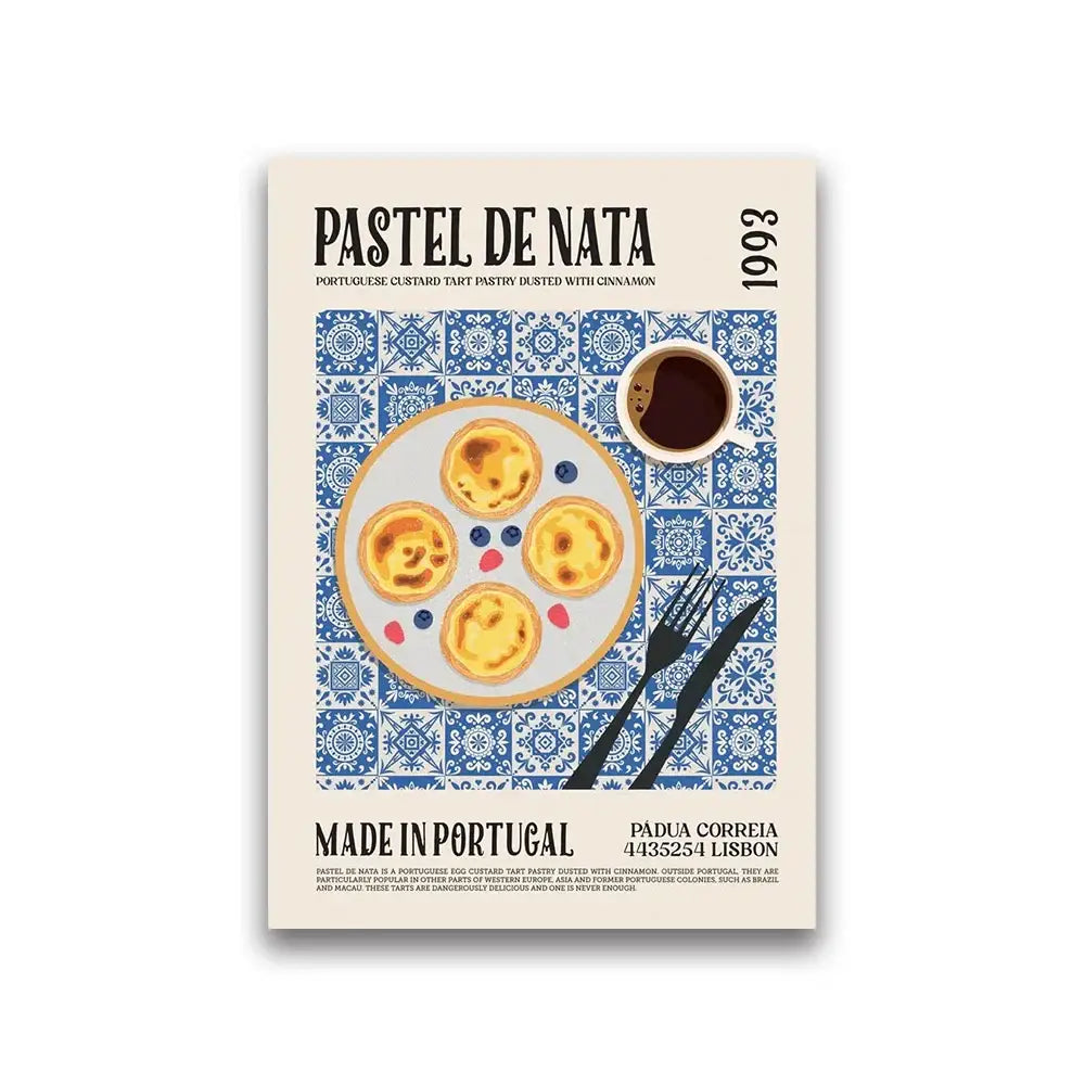 Beige DecorBites™ world cuisine food canvas wall art featuring golden-brown pastel de nata on blue tiled background
