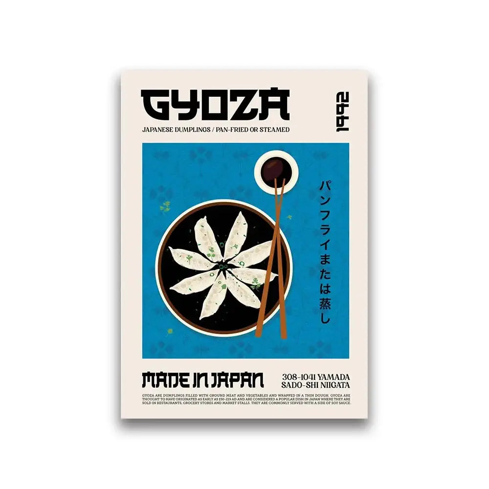 Decorbites™ world cuisine food canvas featuring minimalist japanese gyoza illustration with bold typography