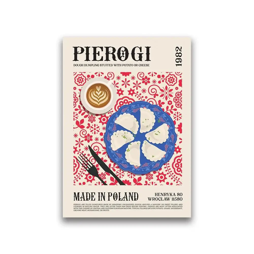 Polished blue ceramic plate with intricate floral patterns holding six white pierogi in decorbites world cuisine food canvas wall art