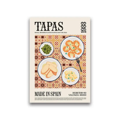 DecorBites™ world cuisine food canvas features vintage tapas illustrations on patterned tile with cream borders