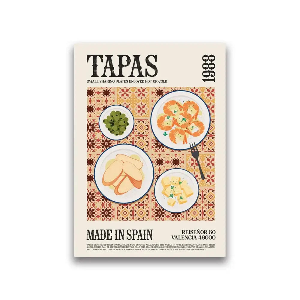 DecorBites™ world cuisine food canvas wall art featuring vintage tapas plates on patterned tile with cream borders