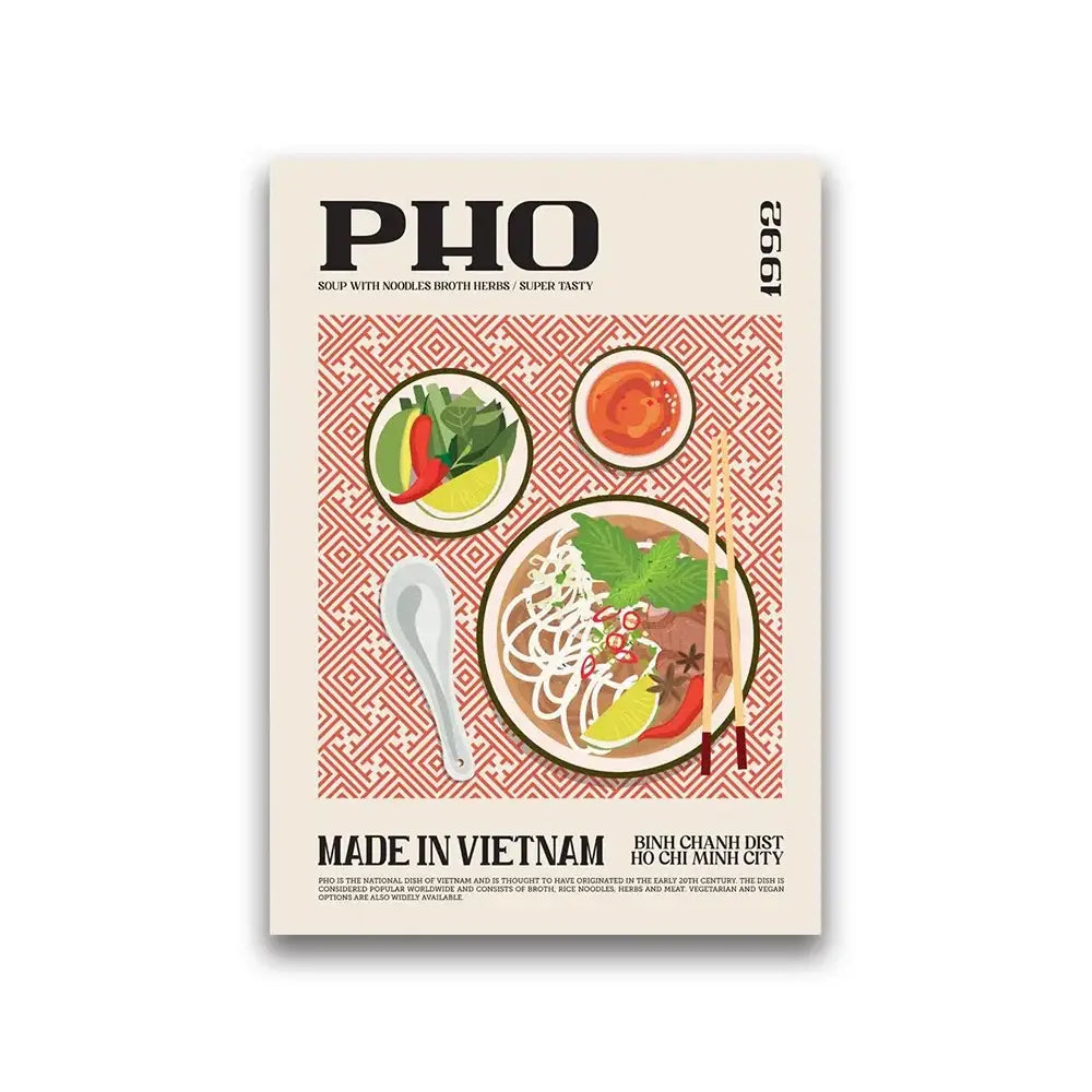 Decorbites™ world cuisine food canvas featuring a vintage-style stylized bowl of pho with herbs and lime slices