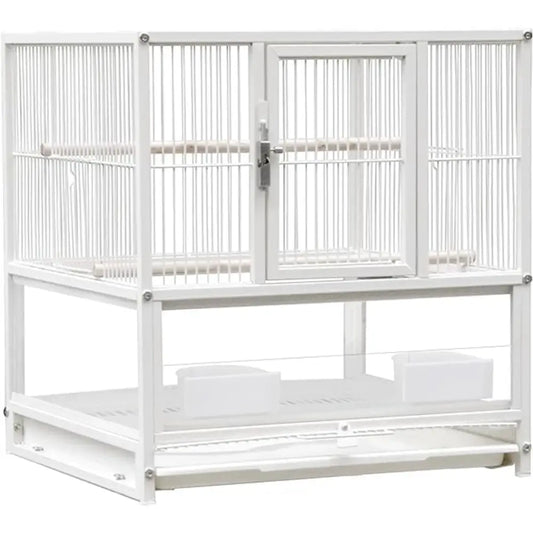 Decorbites wrought iron bird cage in white with double-door design and two perches for conures and lovebirds