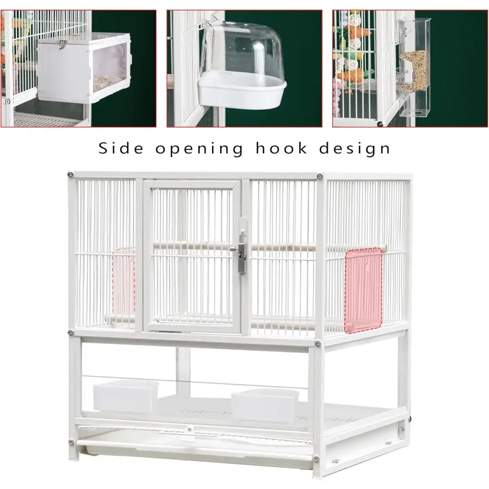 White wrought iron bird cage with side-opening hook design and pink plastic panel for conures and lovebirds