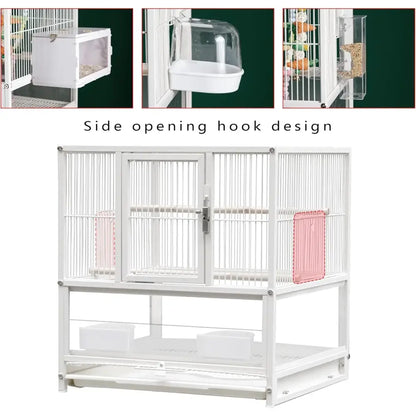 White wrought iron bird cage with side-opening hook design and pink plastic panel for conures and lovebirds