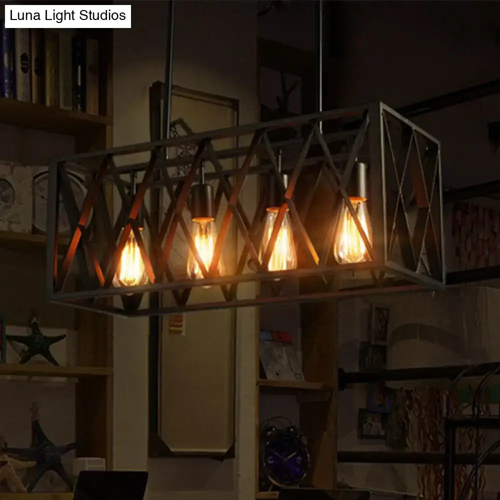 DecorBites™ wrought iron black rectangular hanging light fixture with exposed filament bulbs for bar island lighting