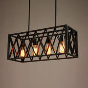 DecorBites™ wrought iron black rectangular hanging light fixture with four exposed Edison bulbs for industrial style lighting