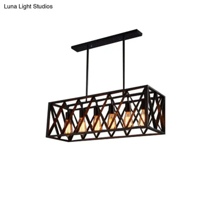 DecorBites wrought iron black rectangular hanging light fixture with five exposed Edison bulbs for industrial style lighting