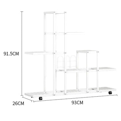 White wrought iron plant stand with multiple shelves and wheels by decorbites for indoor and outdoor use