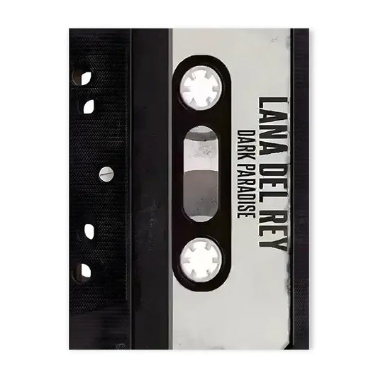 Black and silver cassette tape with lana del rey dark paradise label featured in y2k rock style canvas poster decorbites