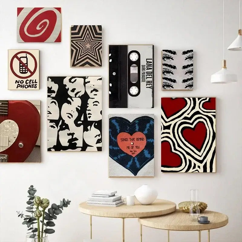 A collection of nine framed y2k rock style canvas posters featuring bold graphic designs in red black and white colors