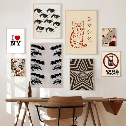 A set of y2k rock style canvas posters featuring black and white eye art, red cat with japanese text, and geometric patterns