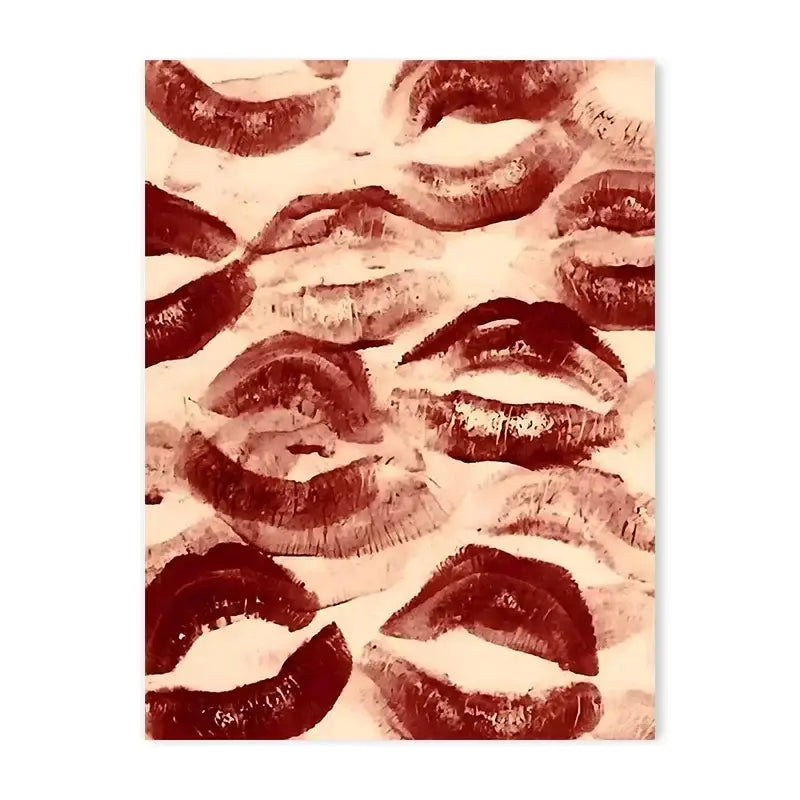 A rectangular canvas poster from decorbites featuring a y2k rock style pattern of glossy red lipstick kisses on off-white background