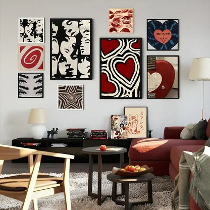A vibrant red guitar-shaped y2k rock style canvas poster with a white heart cutout framed in black by decorbites