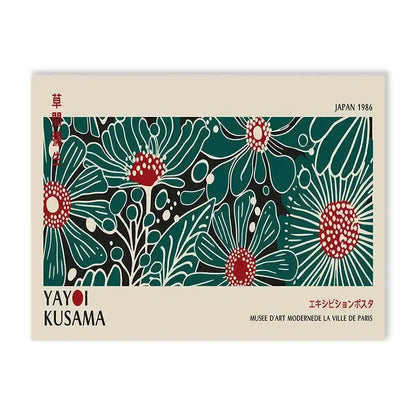 A rectangular decorbites™ yayoi kusama flower art poster featuring bold teal and red floral patterns on black canvas