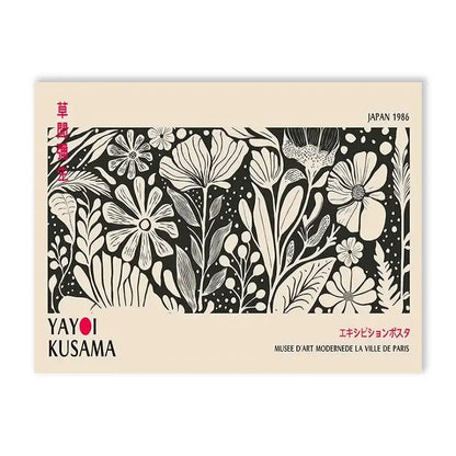A beige postcard featuring a black and white yayoi kusama flower illustration with japanese and french text