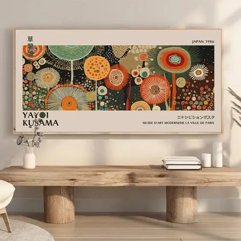 A framed decorbites™ yayoi kusama flower art poster large canvas print with vibrant orange green and beige floral patterns