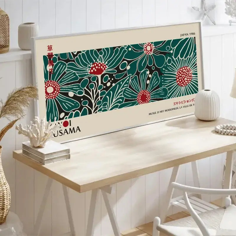A framed yayoi kusama flower art poster with bold teal and red floral patterns on black canvas print decorbites large