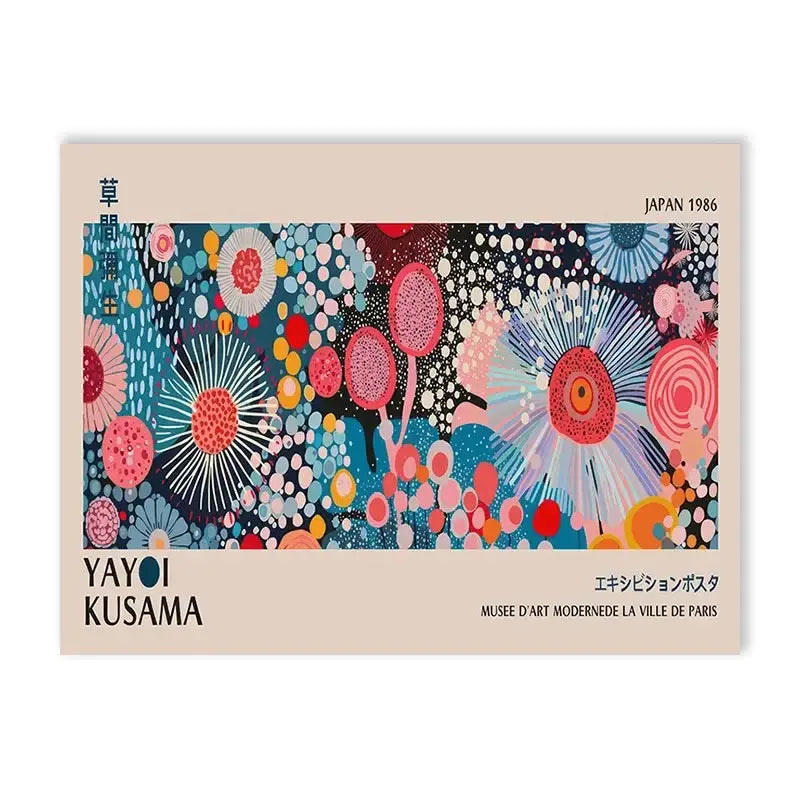 DecorBites™ yayoi kusama flower art poster large canvas print with vibrant pink and blue circular patterns on beige background